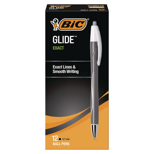 Image of BIC® Glide Exact Ballpoint Pen, Retractable, Fine 0.7 Mm, Black Ink, Black Barrel, Dozen