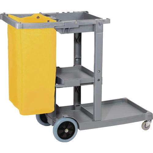 Image of Boardwalk® Janitor's Cart, Plastic, 4 Shelves, 1 Bin, 19" x 45" x 39", Gray