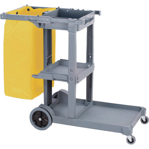 Image of Boardwalk® Janitor's Cart, Plastic, 4 Shelves, 1 Bin, 19" x 45" x 39", Gray