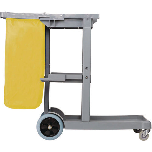 Image of Boardwalk® Janitor's Cart, Plastic, 4 Shelves, 1 Bin, 19" x 45" x 39", Gray