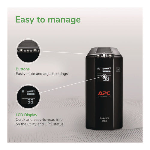 Image of APC® Back-UPS Pro Compact Tower LCD Battery Backup and Surge Protector with USB, 1,000 VA, 8 Outlets, 1,103 J