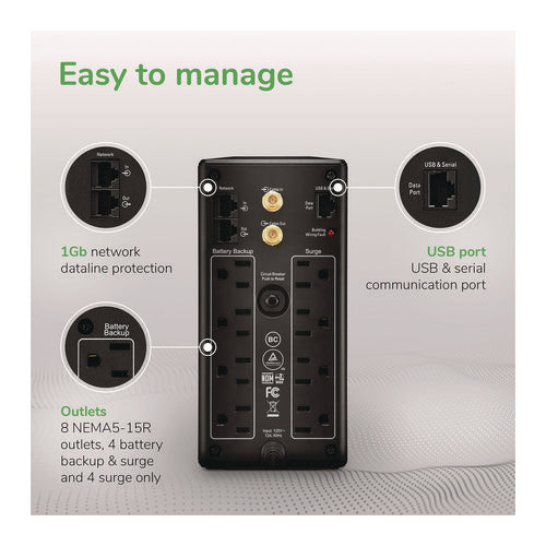 Image of APC® Back-UPS Pro Compact Tower LCD Battery Backup and Surge Protector with USB, 1,000 VA, 8 Outlets, 1,103 J