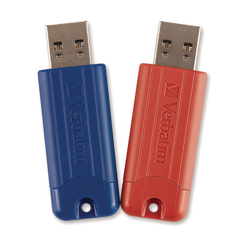 Image of Verbatim® PinStripe USB 3.2 Flash Drive, 32 GB, Blue/Red, 2/Pack