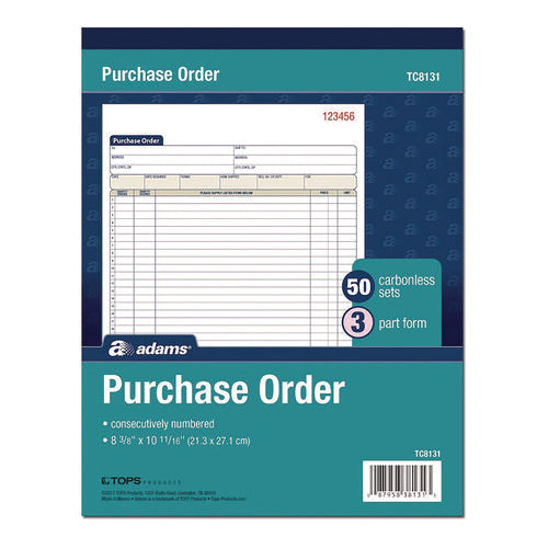 Image of Adams® Multipart Purchase Order Pad, Three-Part Carbonless, 8.38 x 10.19, 50 Forms Total