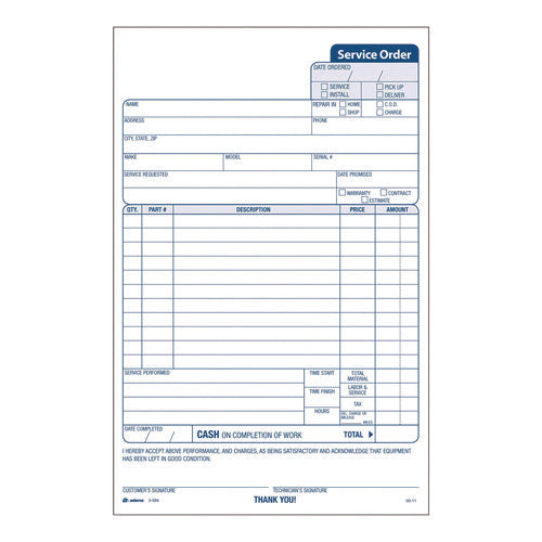 Image of Adams® Work Order Form, Three-Part Carbonless, 5.66 x 9, 250 Sets/Pack