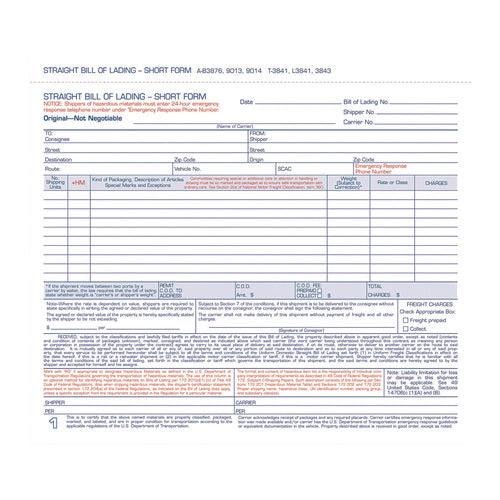 Image of Adams® Bill of Lading - Short Form for Up to Ten Articles, Three-Part Carbonless, 8.5 x 6.94, 50 Forms Total
