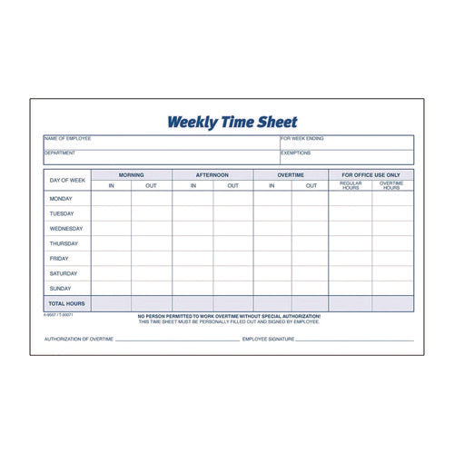 Image of Adams® Weekly Time Sheets, One Part (No Copies), 8.5 x 5.5, 100 Forms/Pad, 2 Pads/Pack