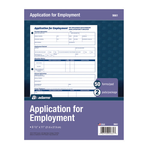 Image of Adams® Employment Applications, One-Part (No Copies), 11 x 8.38, 50 Forms/Pad, 2 Pads/Pack