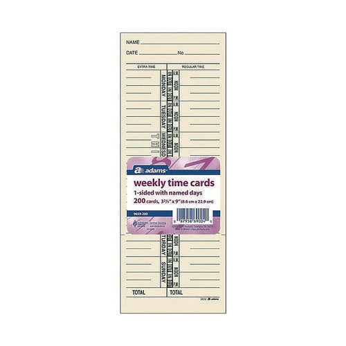 Image of Adams® Time Cards for Acroprint, Amano and Lathem Time Clocks, One Side, 3.38" x 9", 200/Pack