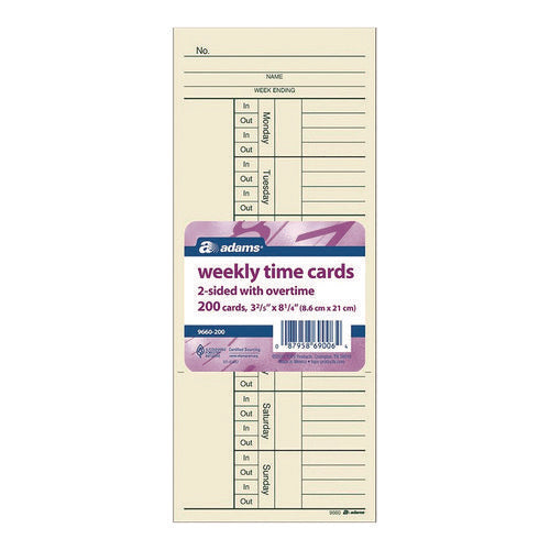 Image of Adams® Time Cards for Acroprint, Amano and Lathem Time Clocks, Two Sides, 3.4" x 8.25", 200/Pack