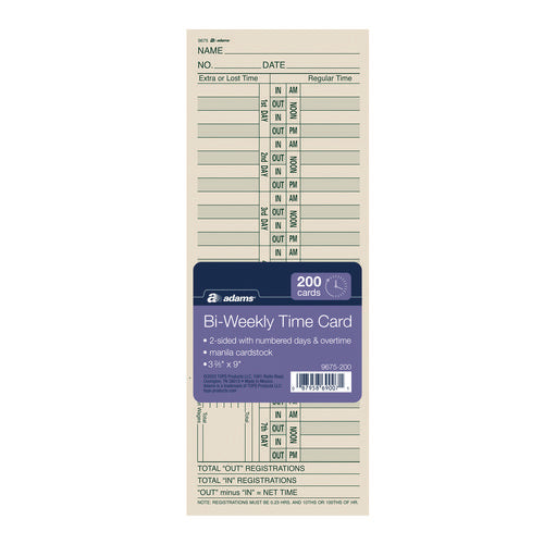 Image of Adams® Time Cards for Acroprint, Amano and Lathem Time Clocks, Two Sides, Bi-Weekly, 3.38" x 9", 200/Pack