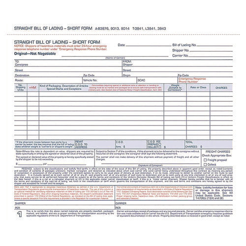 Image of Adams® Bill of Lading - Short Form for Up to Ten Articles, Three-Part Carbonless, 8.5 x 6.94, 250 Forms Total