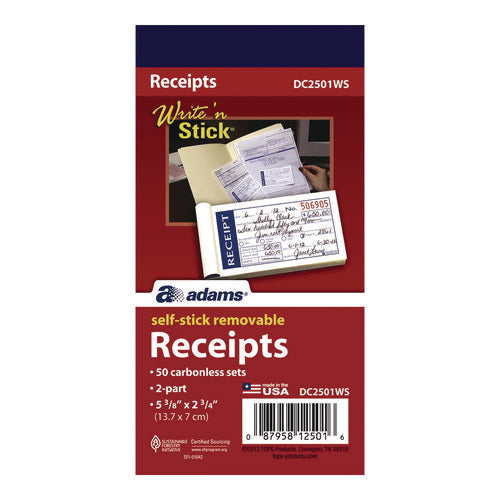 Image of Adams® Write 'n Stick Receipt Book, Two-Part Carbonless, 4.88 x 2.75, 50 Forms Total