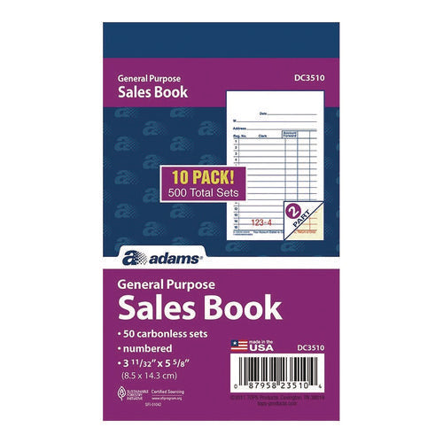 Image of Adams® Multipart General-Purpose Sales Pad, Two-Part Carbonless, 3.34 x 5.13, 50 Forms/Pad, 10 Pads/Pack