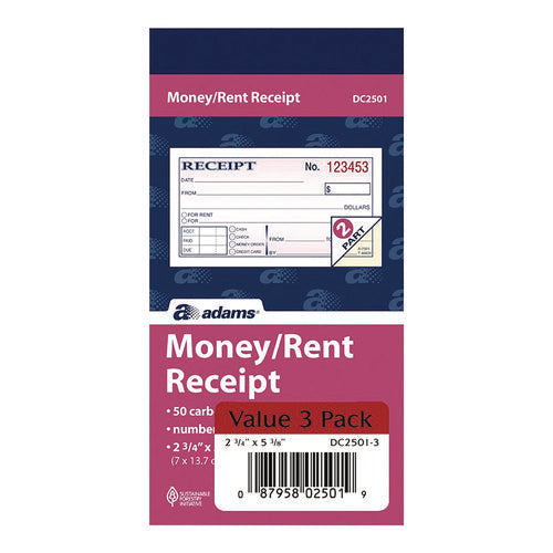 Image of Adams® Money/Rent Receipt Book, Two-Part Carbonless, 4.88 x 2.75, 50 Receipts/Book, 3 Books/Pack