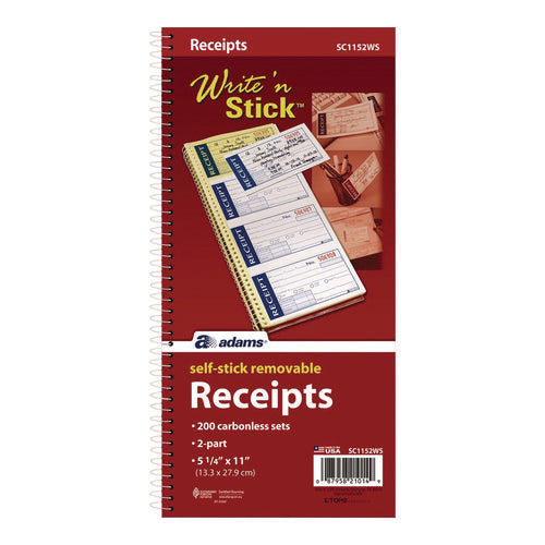 Image of Adams® Write 'n Stick Receipt Book, Two-Part Carbonless, 4.75 x 2.75, 4 Forms/Sheet, 200 Forms Total