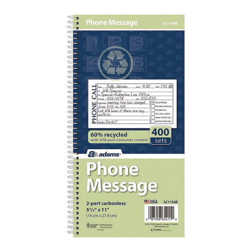 Image of Adams® Wirebound Telephone Message Book, Two-Part Carbonless, 4.75 X 2.75, 4 Forms/sheet, 400 Forms Total