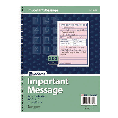 Image of Adams® Important Message Book, Two-Part Carbonless, 4 Forms/Sheet, 200 Forms Total