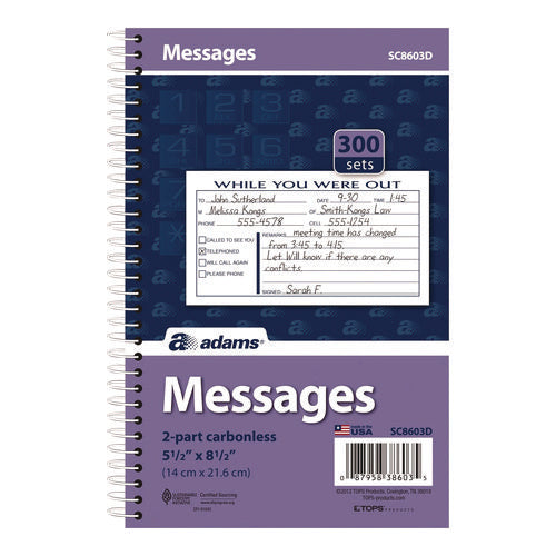 Image of Adams® While You Were Out Messages Book, Two-Part Carbonless, 5 x 2.83, 3 Forms/Sheet, 300 Forms Total