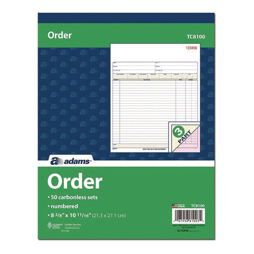 Image of Adams® Multipart Sales Order Pad, Three-Part Carbonless, 8.34 x 10.19, 50 Forms Total
