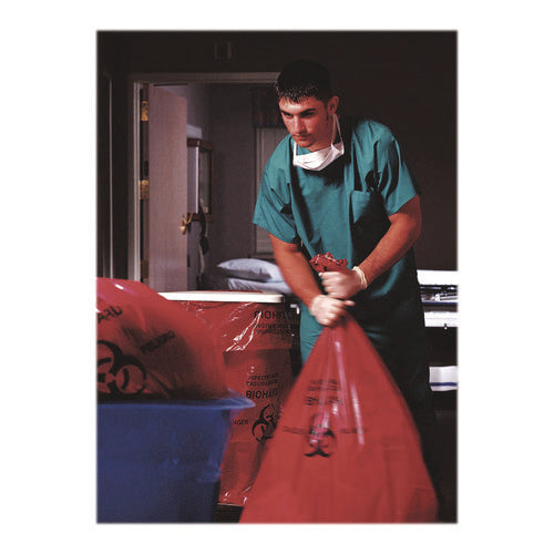 Image of Heritage Healthcare Biohazard Printed Low-Density Can Liners, Infectious Waste, 30 gal, 3 mil, 30" x 43", Red, 100/Carton