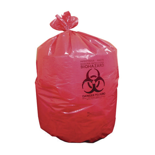 Image of Heritage Healthcare Biohazard Printed Low-Density Can Liners, Infectious Waste, 30 gal, 3 mil, 30" x 43", Red, 100/Carton