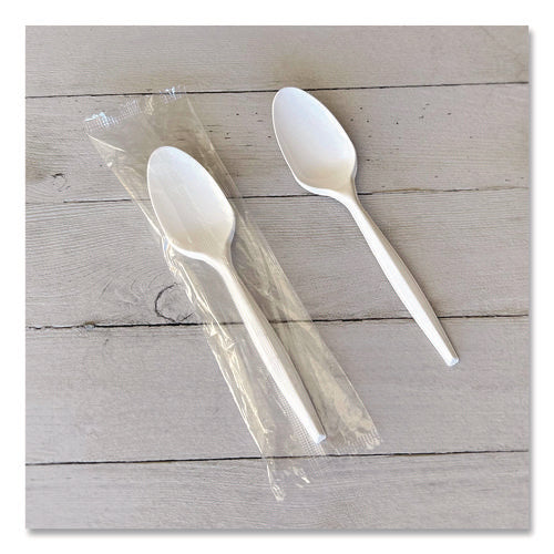Image of Boardwalk® Mediumweight Wrapped Polypropylene Cutlery, Spoon, 5.31", Plastic, White, 1,000/Carton