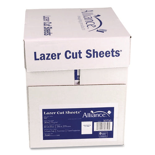 Image of Alliance Laser Cut Sheets, 92 Bright, Side: 5-Hole Punched, 20 lb Bond Weight, 8.5 x 11, White, 500 Sheets/Ream, 5 Reams/Carton
