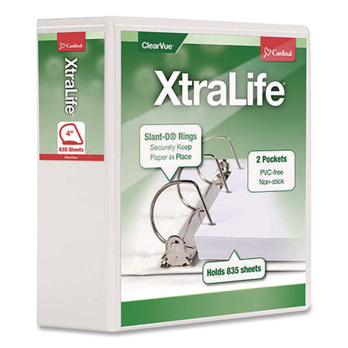 Image of Cardinal® XtraLife ClearVue Non-Stick Slant-D Ring Binder, 3 Rings, 4" Capacity, 11 x 8.5, White