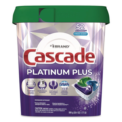 Image of Cascade® Platinum Plus ActionPacs Dishwasher Detergent Pods, Fresh Scent, 28.4 oz Tub, 52/Pack