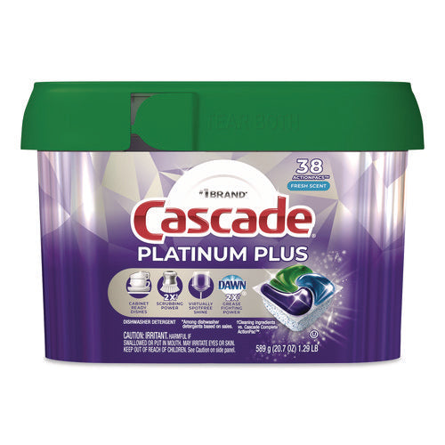 Image of Cascade® Platinum Plus ActionPacs Dishwasher Detergent Pods, Fresh Scent, 20.7 oz Tub, 38/Pack