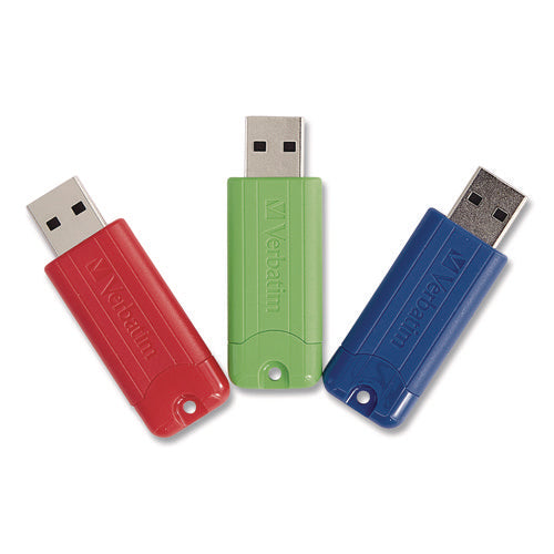 Image of Verbatim® PinStripe USB 3.2 Flash Drive, 16 GB, Blue/Green/Red, 3/Pack