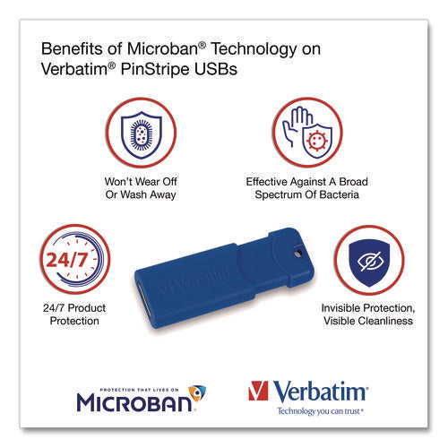 Image of Verbatim® PinStripe USB 3.2 Flash Drive, 16 GB, Blue/Green/Red, 3/Pack