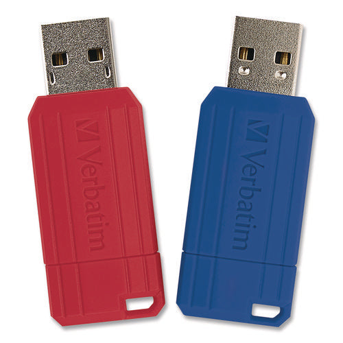 Image of Verbatim® PinStripe USB 2.0 Flash Drive, 128 GB, Blue/Red, 2/Pack
