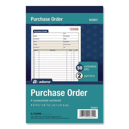 Image of Adams® Multipart Purchase Order Pad, Two-Part Carbonless, 5.56 x 7.94, 50 Forms Total