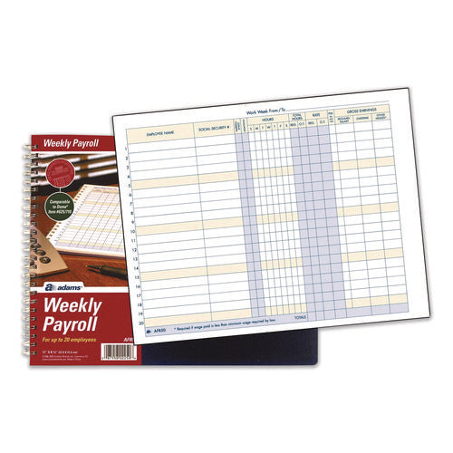 Image of Adams® Weekly Payroll Record Book for 20 Employees, Two-Page Spread: 36 Columns, Royal Blue Cover, 8.5 x 11 Sheets, 56 Sheets/Book