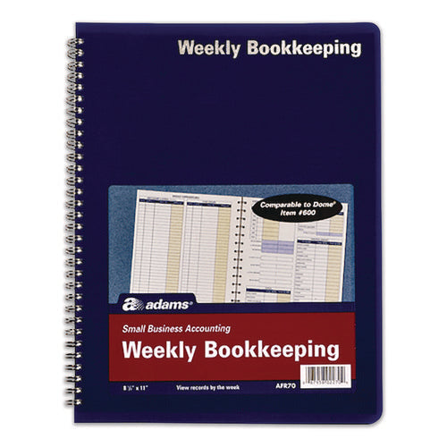 Image of Adams® Weekly Bookkeeping Ledger, Columns Vary By Section, Royal Blue Cover, 11 x 8.5 Sheets, 56 Sheets/Book