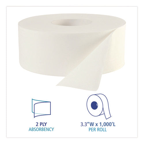 Image of Boardwalk® JRT Bath Tissue, Jumbo, Septic Safe, 2-Ply, White, 3.3" x 1,000 ft, 12 Rolls/Carton