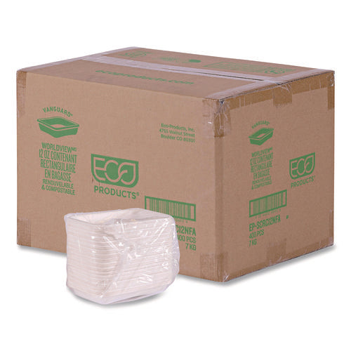 Image of Eco-Products® WorldView Vanguard Rectangular Container, 12 oz, 7 x 4.75 x 1, Sugarcane Fiber, White, 400/Carton