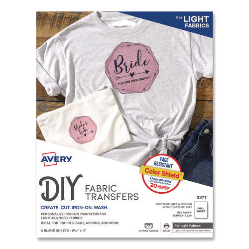 Image of Avery® Fabric Transfers, For Light-Colored Fabrics, 8.5 x 11, White, 6/Pack