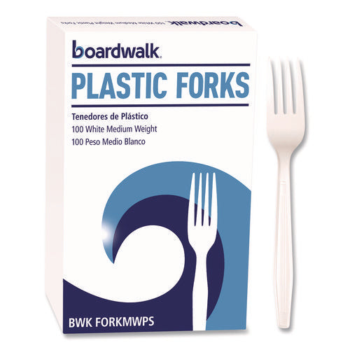 Image of Boardwalk® Mediumweight Polystyrene Cutlery, Fork, Plastic, White, 100/Box
