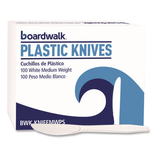 Image of Boardwalk® Mediumweight Polystyrene Cutlery, Knife, Plastic, White, 100/Box