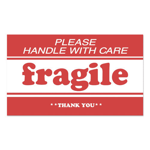 Image of Decker Tape Products Pre-Printed Message Labels, Fragile-Please Handle With Care-Thank You, 2 X 3, White/red, 500/roll