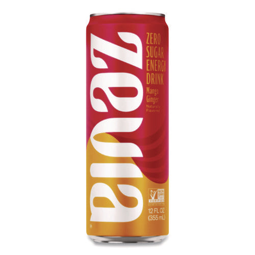 Image of Zevia® Zero Sugar Naturally Sweetened Energy Drink, Mango Ginger, 12 oz Can, 12/Carton