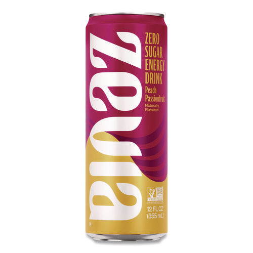 Image of Zevia® Zero Sugar Naturally Sweetened Energy Drink, Peach Passionfruit, 12 oz Cans, 12/Carton