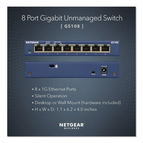 Image of NETGEAR® Unmanaged Gigabit Ethernet Switch, 16 Gbps Bandwidth, 192 Kb Buffer, 8 Ports