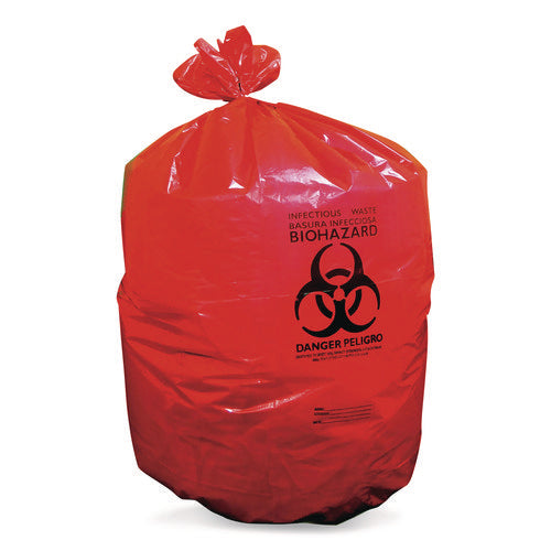 Image of Heritage Healthcare Biohazard Printed Low-Density Can Liners, Biohazard, 45 gal, 1.3 mil, 40 x 46, Red, Flat Pack, 200/Carton
