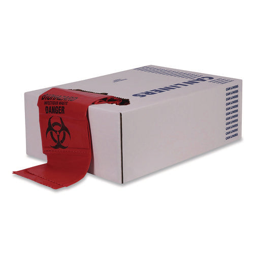Image of Heritage Healthcare Biohazard Printed Low-Density Can Liners, Biohazard, 45 gal, 1.3 mil, 40 x 46, Red, Flat Pack, 200/Carton