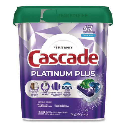 Image of Cascade® Platinum Plus ActionPacs Dishwasher Detergent Pods, Fresh Scent, 26.6 oz Tub, 47/Tub, 3 Tubs/Carton