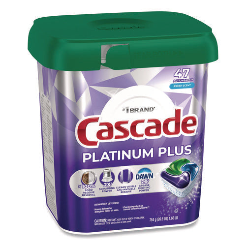 Image of Cascade® Platinum Plus ActionPacs Dishwasher Detergent Pods, Fresh Scent, 26.6 oz Tub, 47/Tub, 3 Tubs/Carton